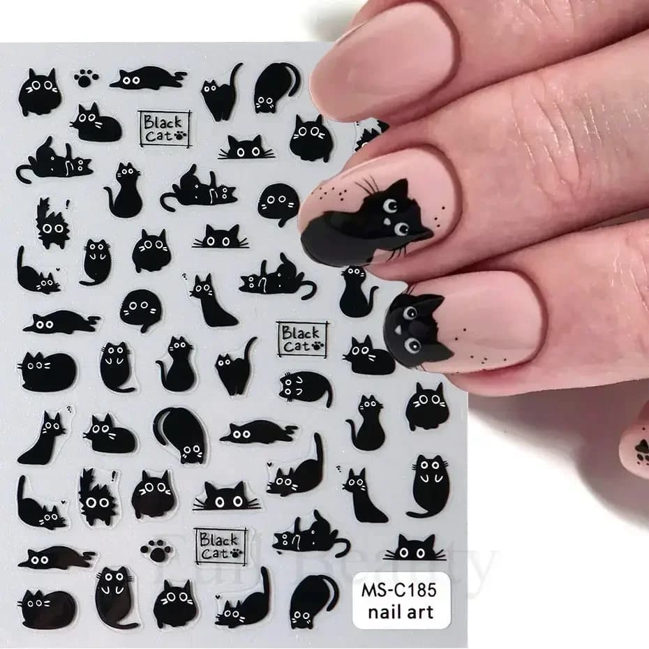2 Pezzi Adesivi per Unghie Gatto Nero 3D, Simpatici Cartoni Animati, Decorazioni Autoadesive per Nail Art, Accessori per Manicure