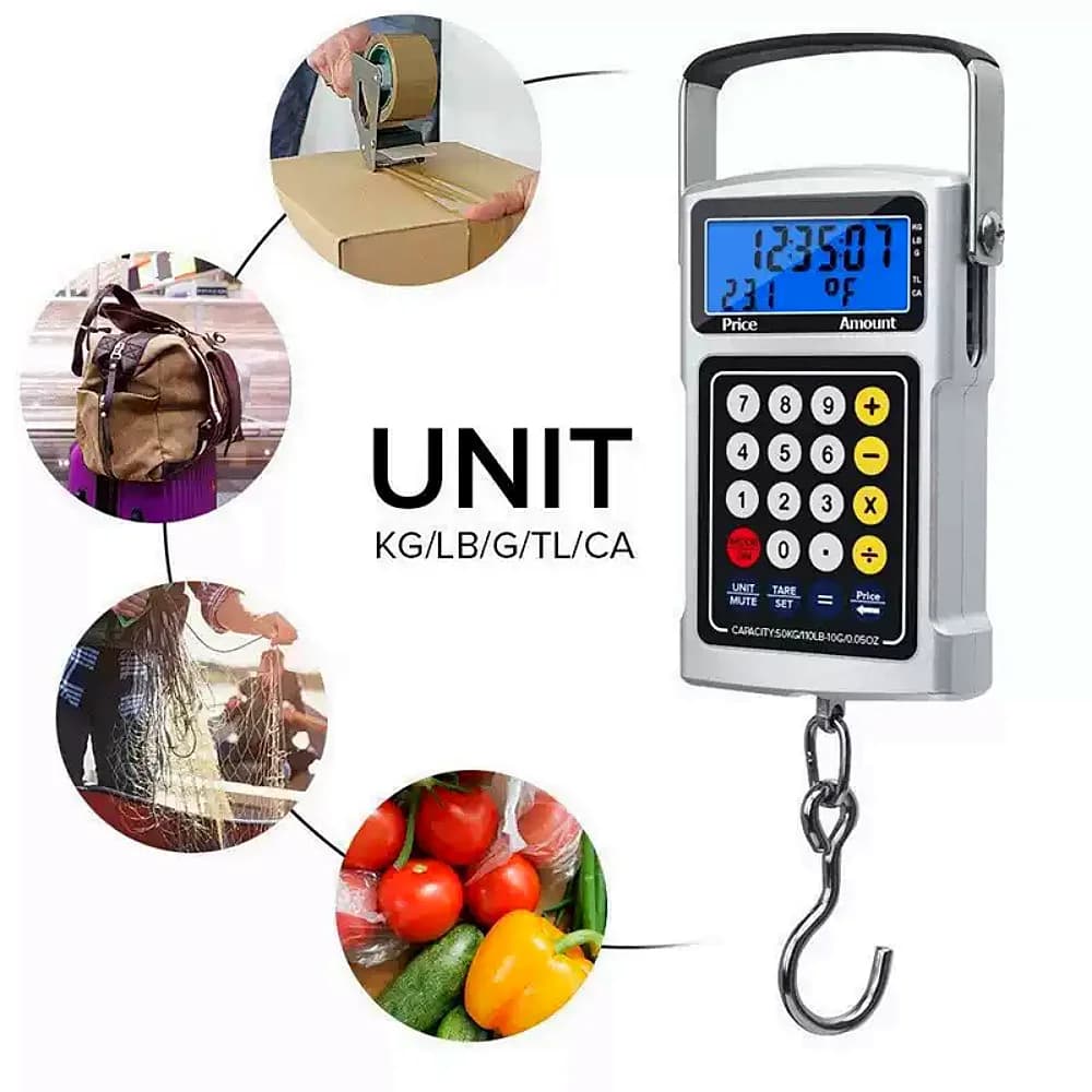 Bilancia sospesa multifunzionale da 50 kg/10 g con calcolatrice, righello, termometro, gancio - Shopping, pesca, generi alimentari, bagagli, scala dei prezzi