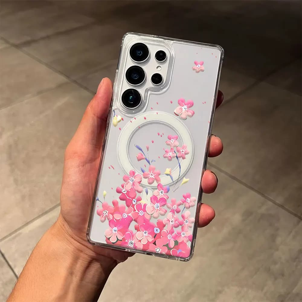 Custodia Magnetica Rosa con Fiori per Samsung Galaxy S26 S25 S24 S23 S22 S21 Ultra Plus Edge S20 FE Antiurto Cover Magsafe