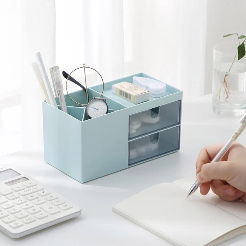 Organizer per penne 1PC con 2 cassetti Portapenne multifunzionale per supporto da scrivania Scatola di immagazzinaggio per scrivania Forniture per ufficio Tavolo da toeletta