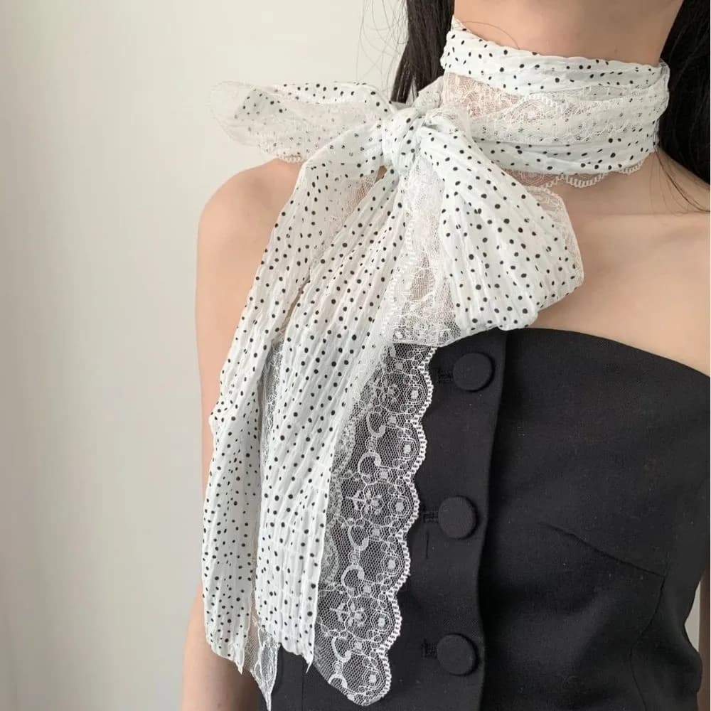 Korean Retro Polka Dot Lace Scarf Long Slim Thin Long Slim Neckerchief Lace Edge French Style Scarf Women