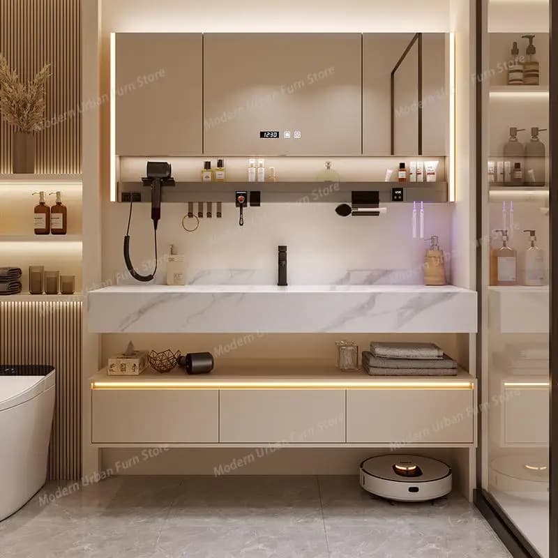 Mobili Bagno FYBC: Armadietti Moderni in Lastra di Roccia, Mobile Lavabo Sospeso con Specchio Smart, Armadietti Semplici per Hotel