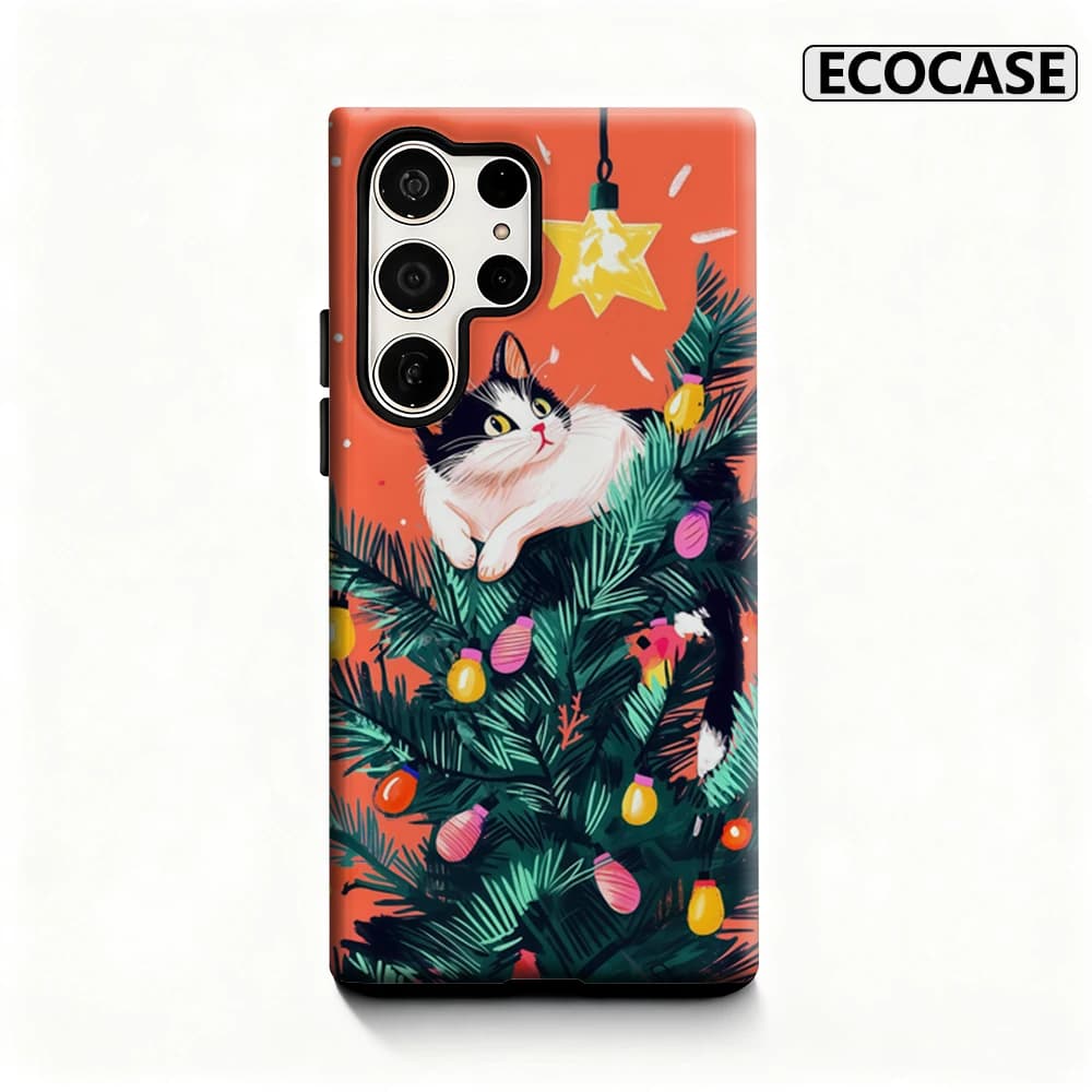 Custodia per telefono stravagante con albero di gatto di Natale per Samsung Galaxy S25 Ultra S24 S23 Ultra Plus Cover posteriore lucida a doppio strato