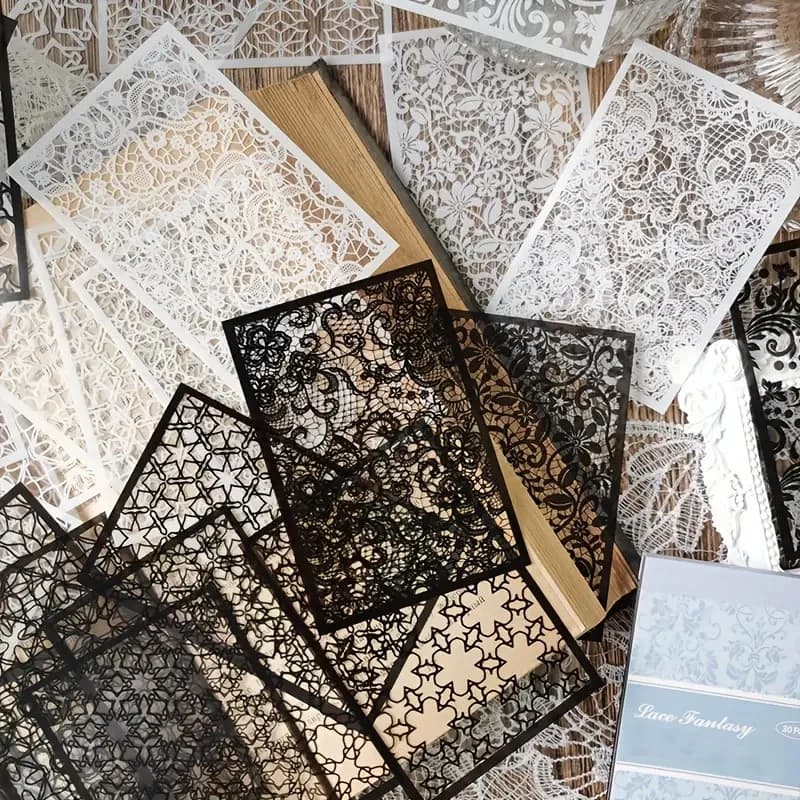 30 pz, stile Vintage adesivi in pizzo bianco e nero libro diario fai da te Junk Journal decorazione Collage PET Sticker Album Scrapbooking