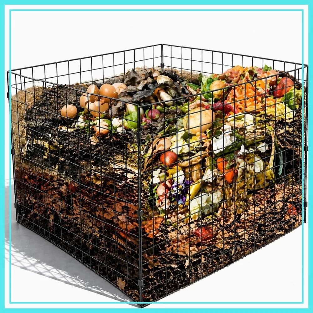 Contenitore per Compostaggio da Esterno, Cestino Quadrato in Rete Metallica per Impilare Foglie e Rifiuti da Giardino, Nero 36x36x28 Pollici