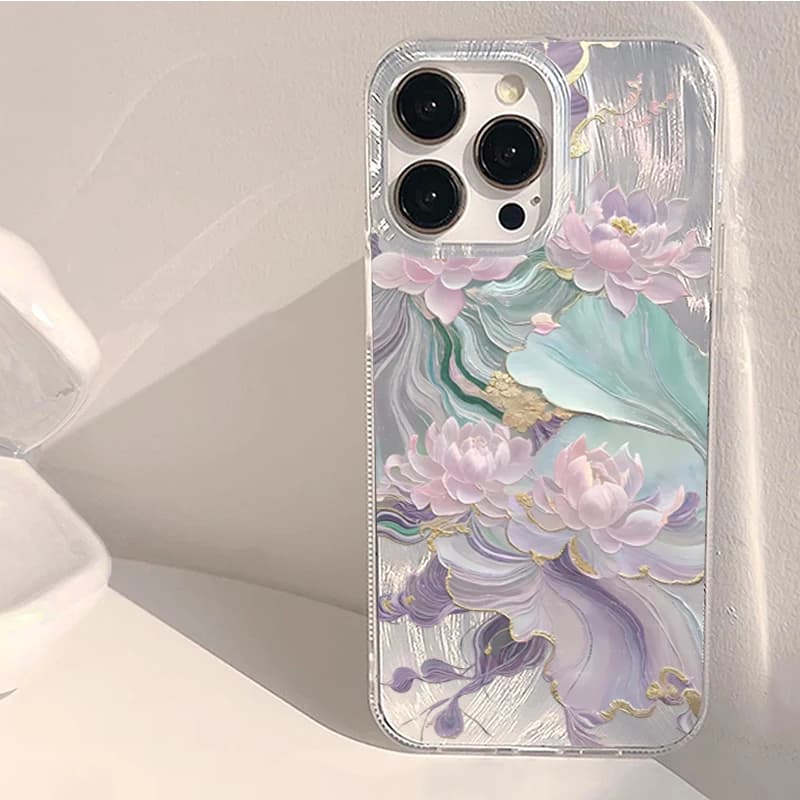 Dreamy Purple Lotus Print Aesthetic Phone Case for iPhone 17 Pro 16 15 1413 12 11 Pro Max XS X XR 7 8 Plus 16e 17Air SE2 Cover