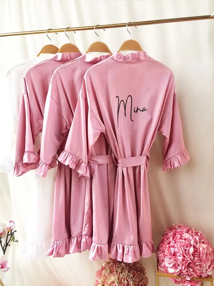Personalized kimono dress in dark pink satin with name for wedding dress Custom bachelorette dress with volant in honor damigella silk