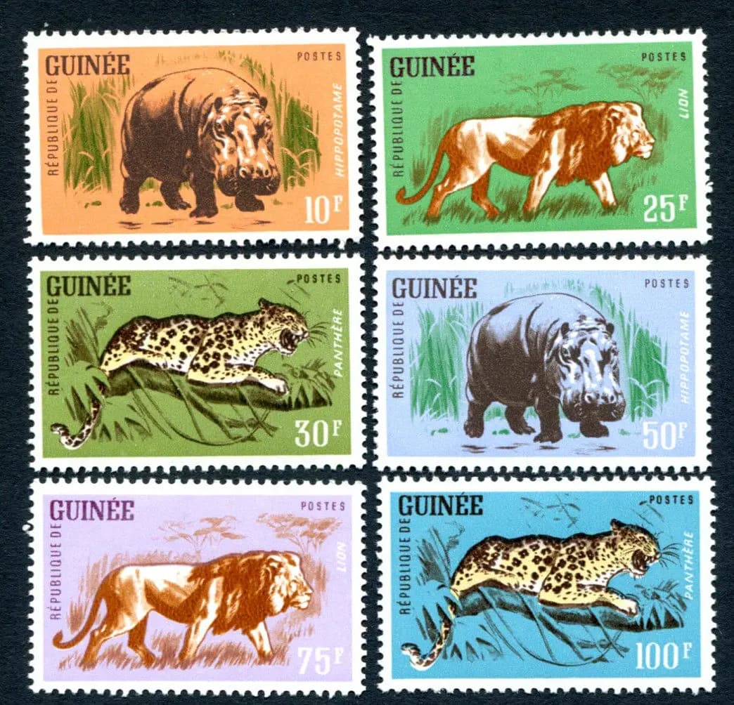 Guinea Post Stamps Postage Y1962 Animals Hippos Lions Leopard 1 Set 6 New Collectible Postage Stamps Material For Scrapbooking