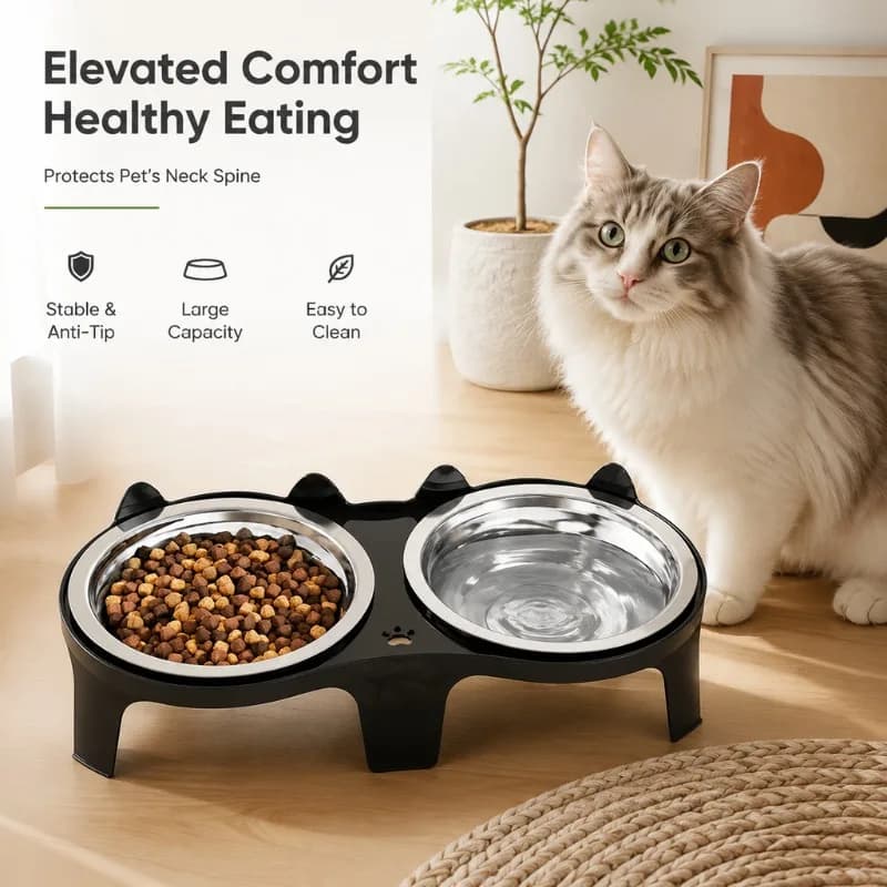 Elevated Stainless Steel Double Pet Bowls Anti-Tip Design Large Capacity Food Water Feeder for Cats Small Dogs Healthy Neck Care