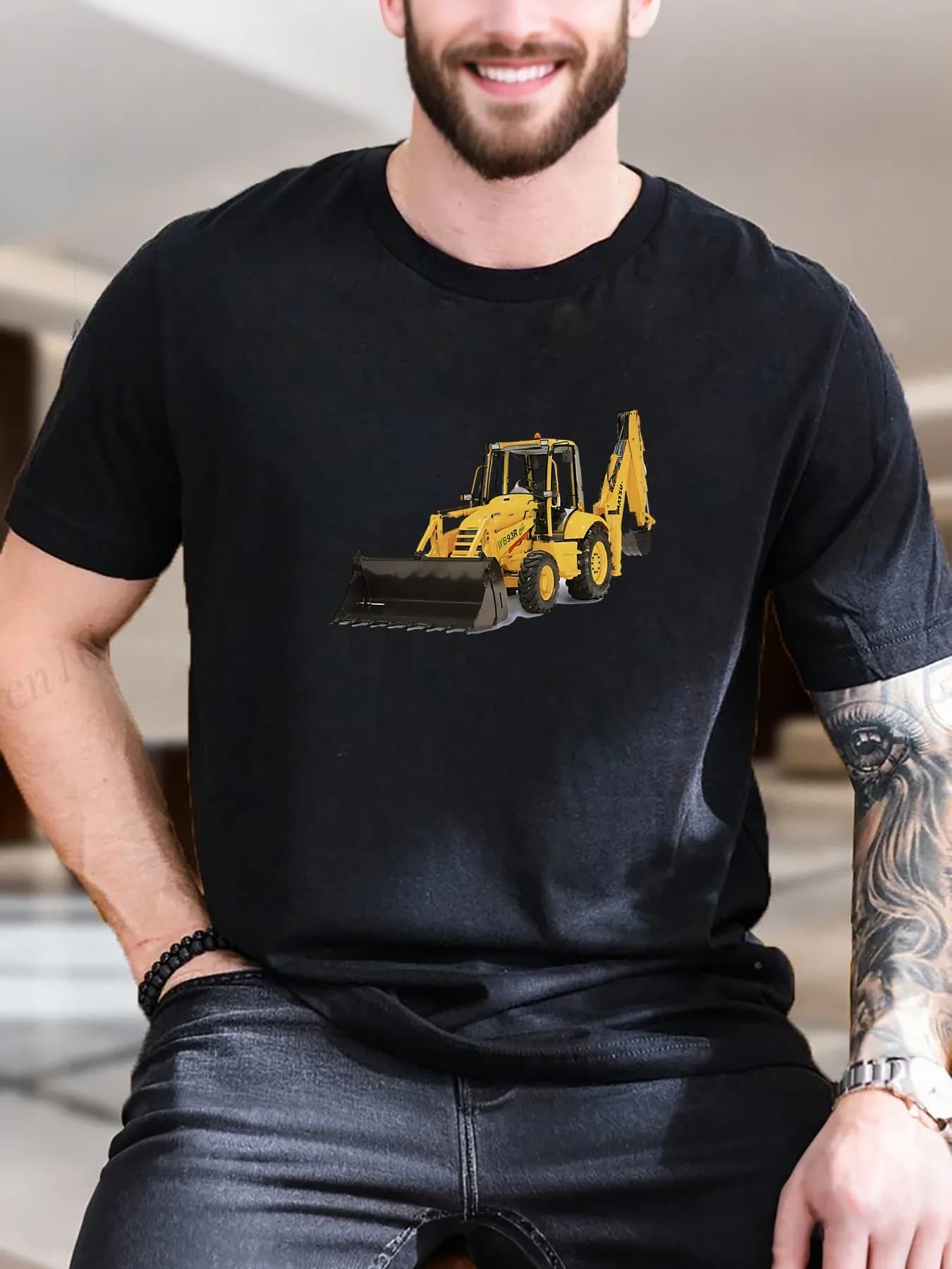 T-shirt a maniche corte stampata da uomo di nuova moda di arrivo elegante design giallo per veicoli da costruzione 100% cotone ultra morbido casual
