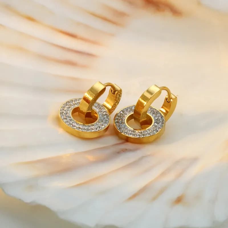 Orecchini di Lusso con Zirconi a Forma di Disco, Design Esclusivo in Acciaio al Titanio 18k, Non Sbiadiscono