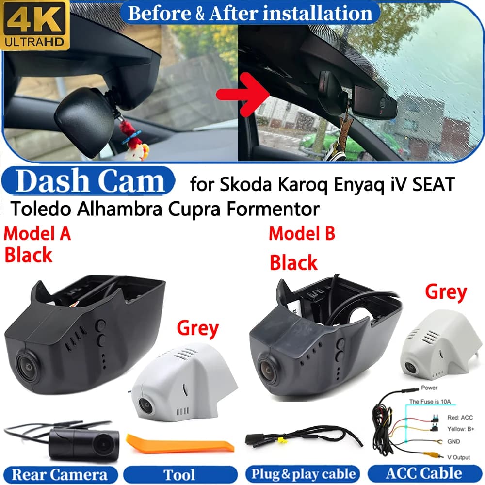 Dash Cam for Skoda Karoq Enyaq iV SEAT Toledo Alhambra Cupra Formentor Front＆Rear 4K DVR Dashboard Camera Video Drive Recorder