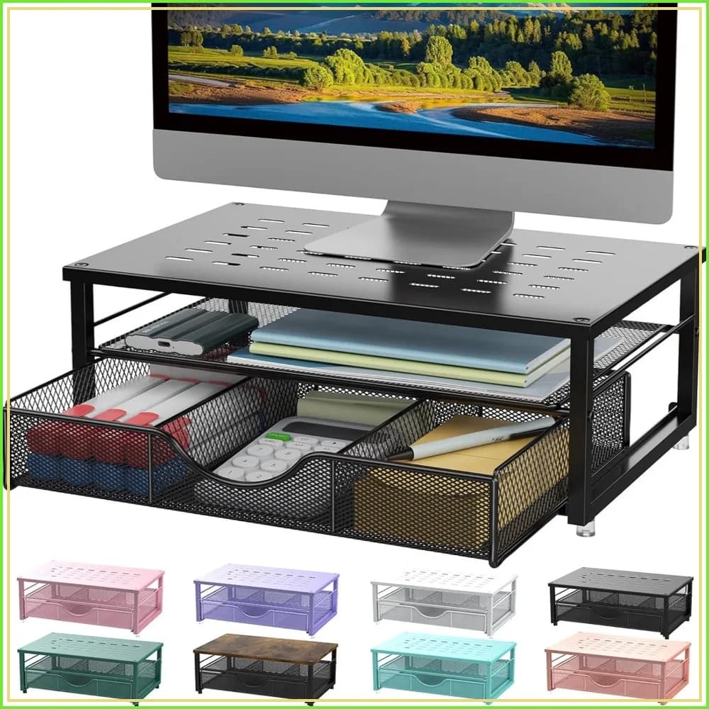 Adjustable Monitor Stand with Drawer, Desktop Organizer for Office & Home, Black
