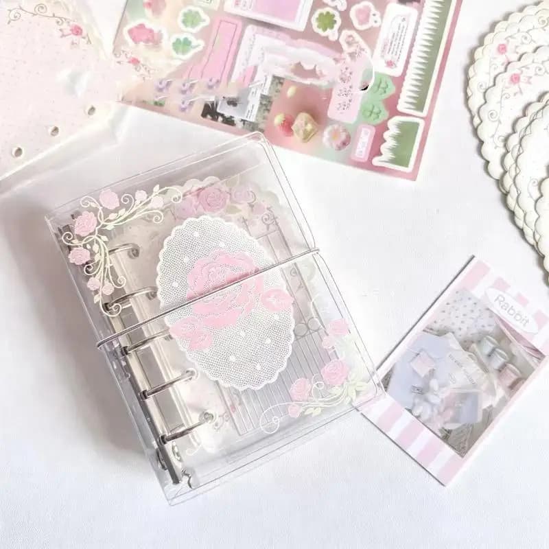 PVC M5 Pocket Notebook Romantic Vine Rose Print 5 Hole Loose Leaf Notebook With Elastic Band For DIY Scrapbook Journal Use