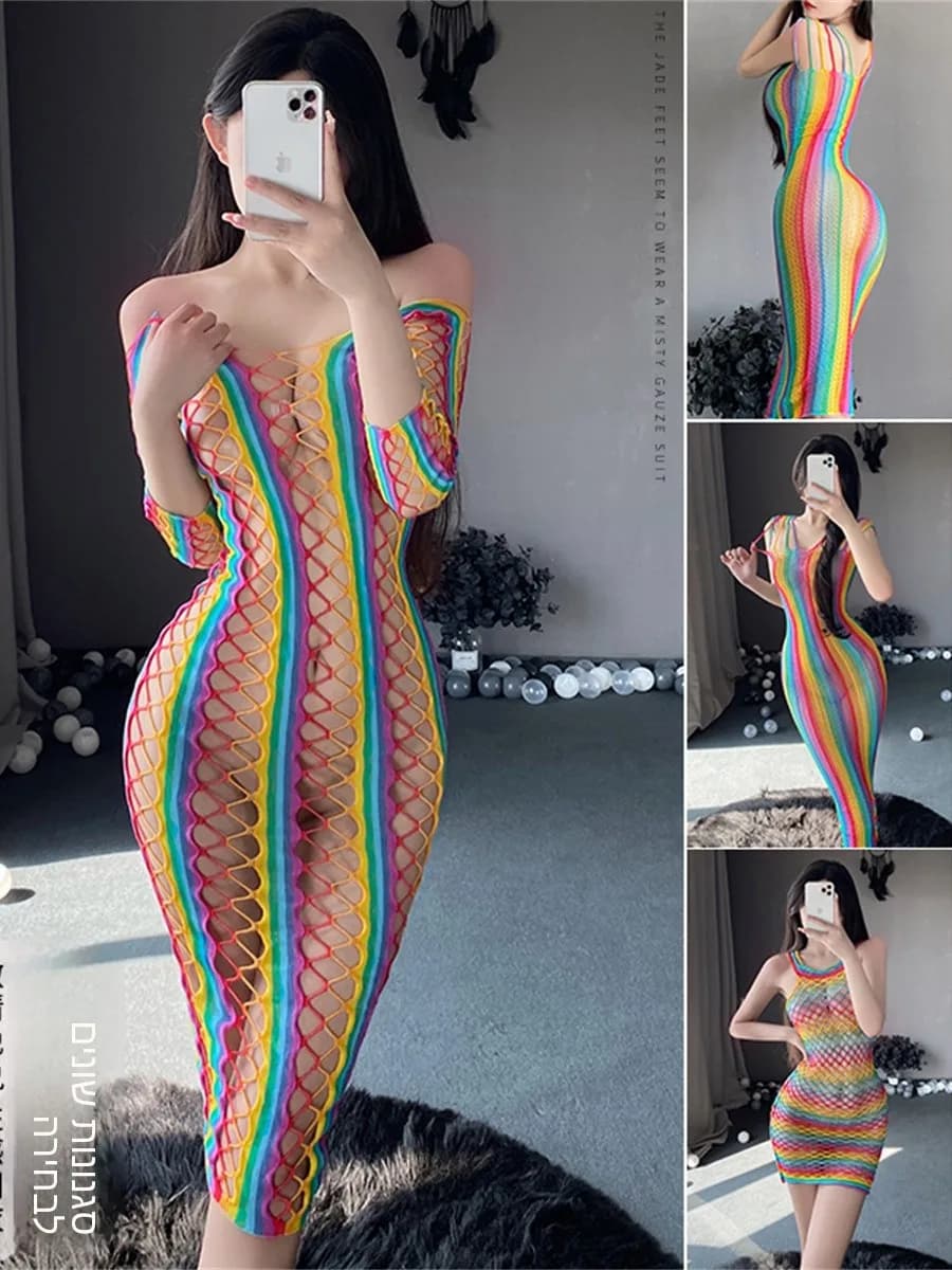 Body in rete sexy con design traforato che evidenzia le curve dei glutei, strisce trasparenti, intimo unico per coppie.