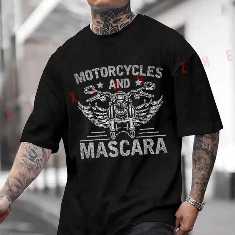 T-shirt con grafica Motorcycle And Mascara, maglietta estiva in cotone a maniche corte, top unisex casual e traspirante
