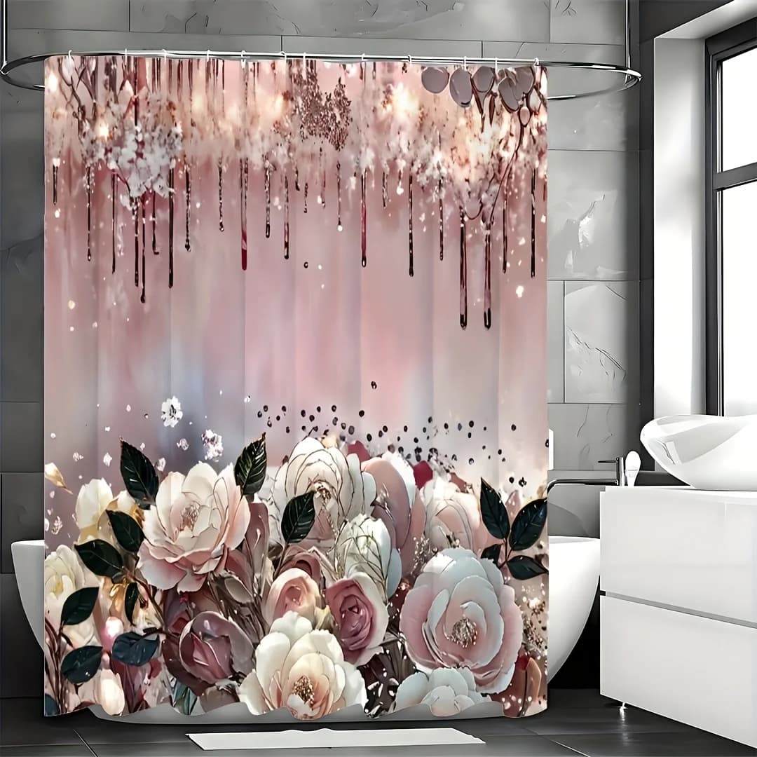 Tenda da doccia con rosa rosa scintillante da 1 pezzo, motivo artistico, poliestere, 12 ganci, 70,8x70,8", set di decorazioni per il bagno