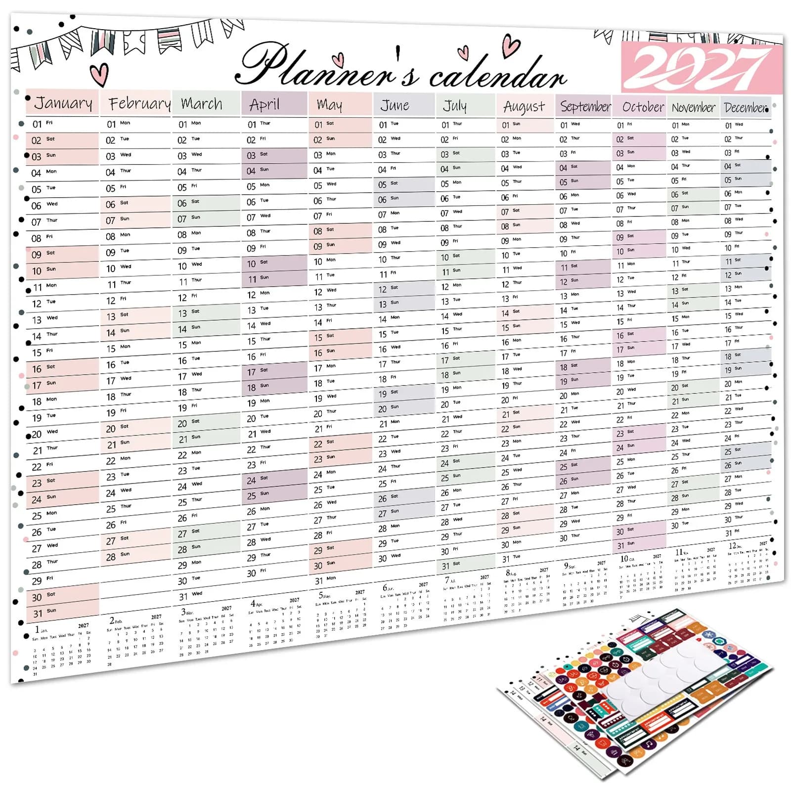 Calendar Wall 2027 New Yearly Daily Schedule Planner Sheet Paper 365 Day Plan Annual Hanging Planning Weekly Agenda Pad Month 12