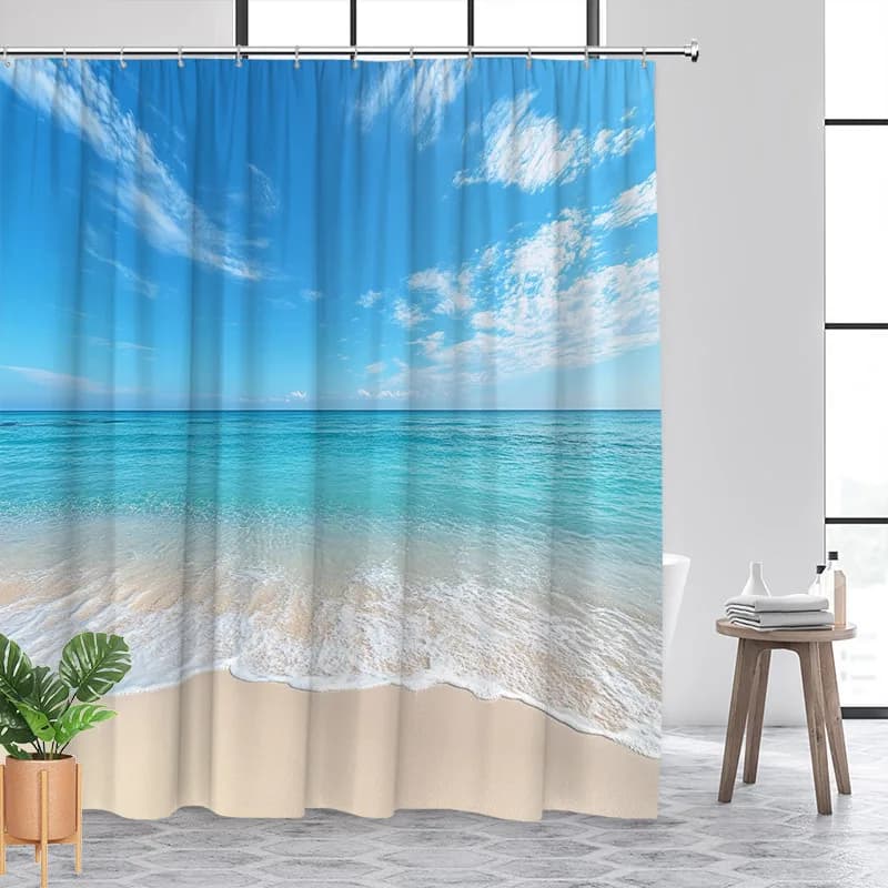 Tenda da doccia impermeabile con una scena di spiaggia serena che porta la calma delle onde dell'oceano e dei cieli blu per il tuo bagno