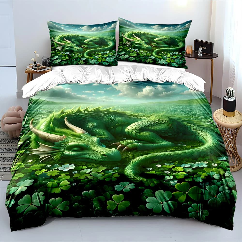 Set di biancheria da letto con stampa drago verde che dorme tra i trifogli, 1 copripiumino, 2 federe per adulti e bambini, regalo di lusso, misura completa