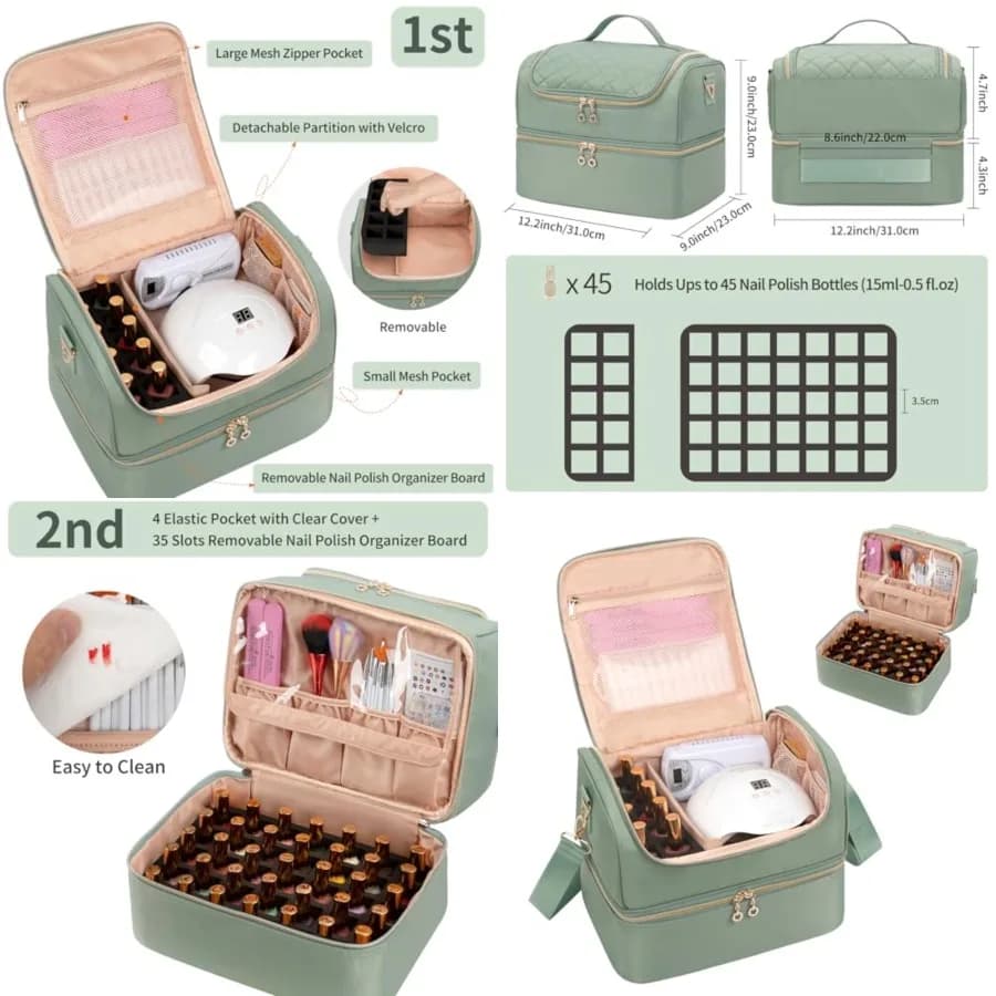 Valigetta Organizer per Smalti, Contenitore per Accessori Unghie con Spazio per 45 Bottiglie di Smalto e Lampada UV, Valigetta da Viaggio per Tecnico Unghie