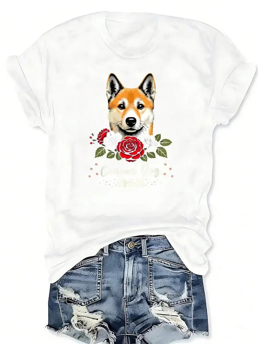 T-shirt con stampa grafica floreale Canaan Dog Rose, manica corta, girocollo, top casual da donna