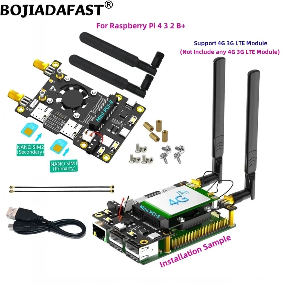 Modem module GSM 4G 3G LTE WWAN Mini PCI-E MPCIe Wireless adapter card Double slot Nano SIM + 2 antennas for Raspberry Pi 4 3 2 B +
