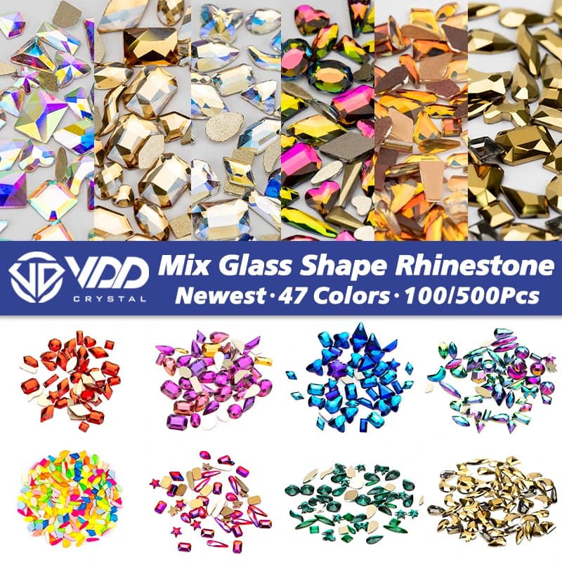 VDD 100/500Pcs Newest Mix Shape Glass Crystal Rhinestones Flatback Strass Glitter Stones For Nail Art Accessories DIY Decoration