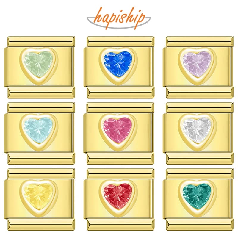 Hapiship 2025 Colori all'ingrosso Cuore lucido CZ Italiano Charm Link Fit 9mm Bracciale in acciaio inossidabile Gioielli con trasporto di goccia DJ1437
