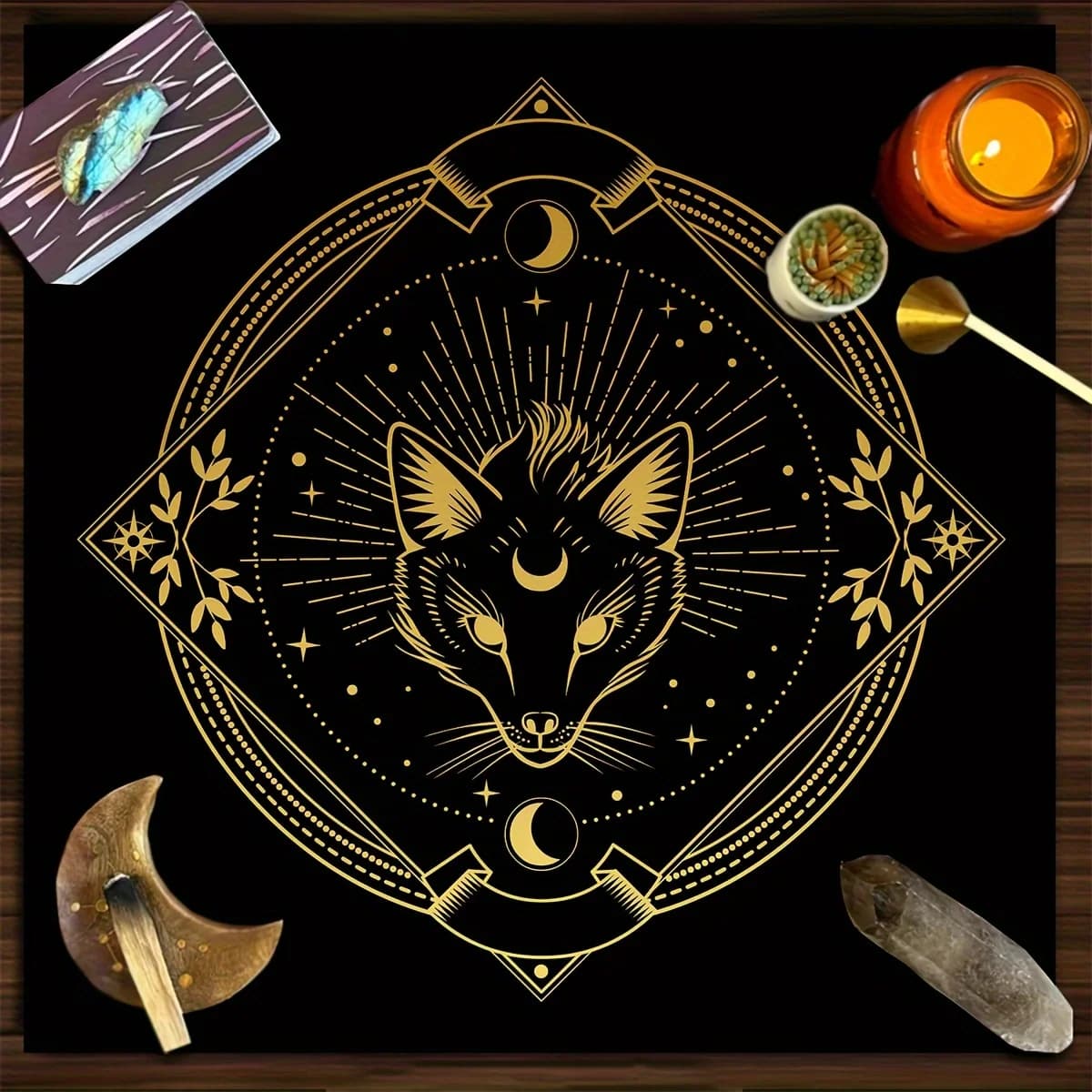 Fox Tarot Altar Cloth, Black‑Moon & Star‑Glow Design, Divination, Witchcraft & Astrology Oracle Card Mat, Ideal for Halloween