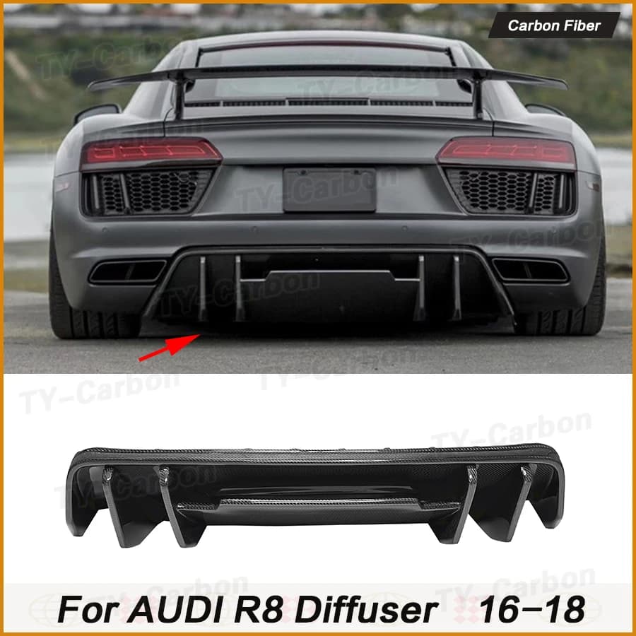 Rear diffuser in Vera Fibra di Carbonio for Audi R8 V8 V10 2 Ports 2016-2018, Lower Spoiler, Valance Protection, FRP Carrozzeria Kit