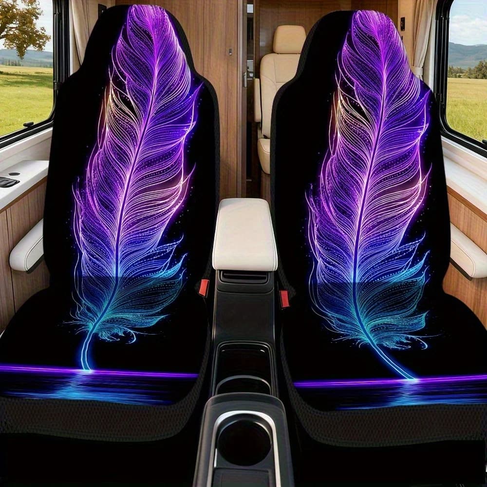 Set Of 2, Universal Fit Car Seat Covers With Neon Feather Glow Design, Made From Durable Material, Soft And Comfortable, Easy To