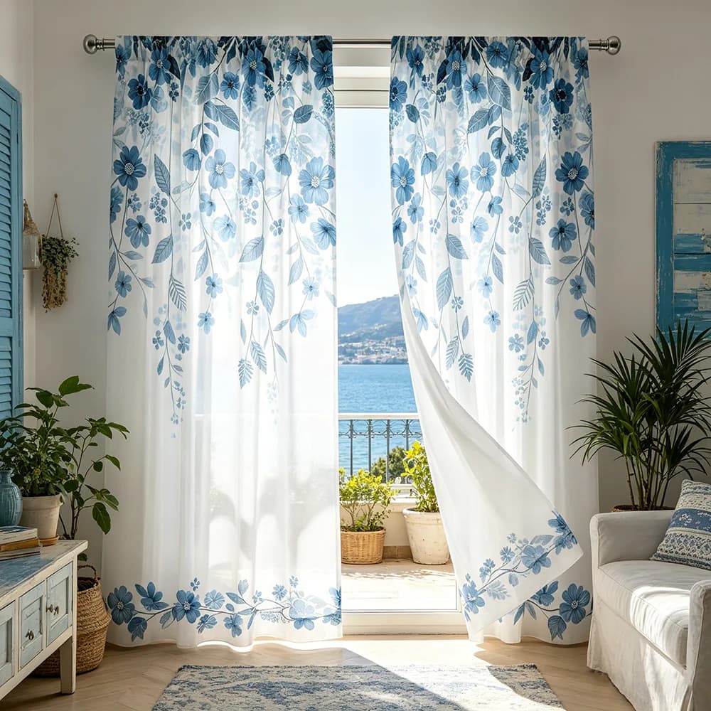 2PCS Blue White Branch Leaf Curtains, Botanical Nature Print, Window Drapes for Living Room Bedroom Home Decor