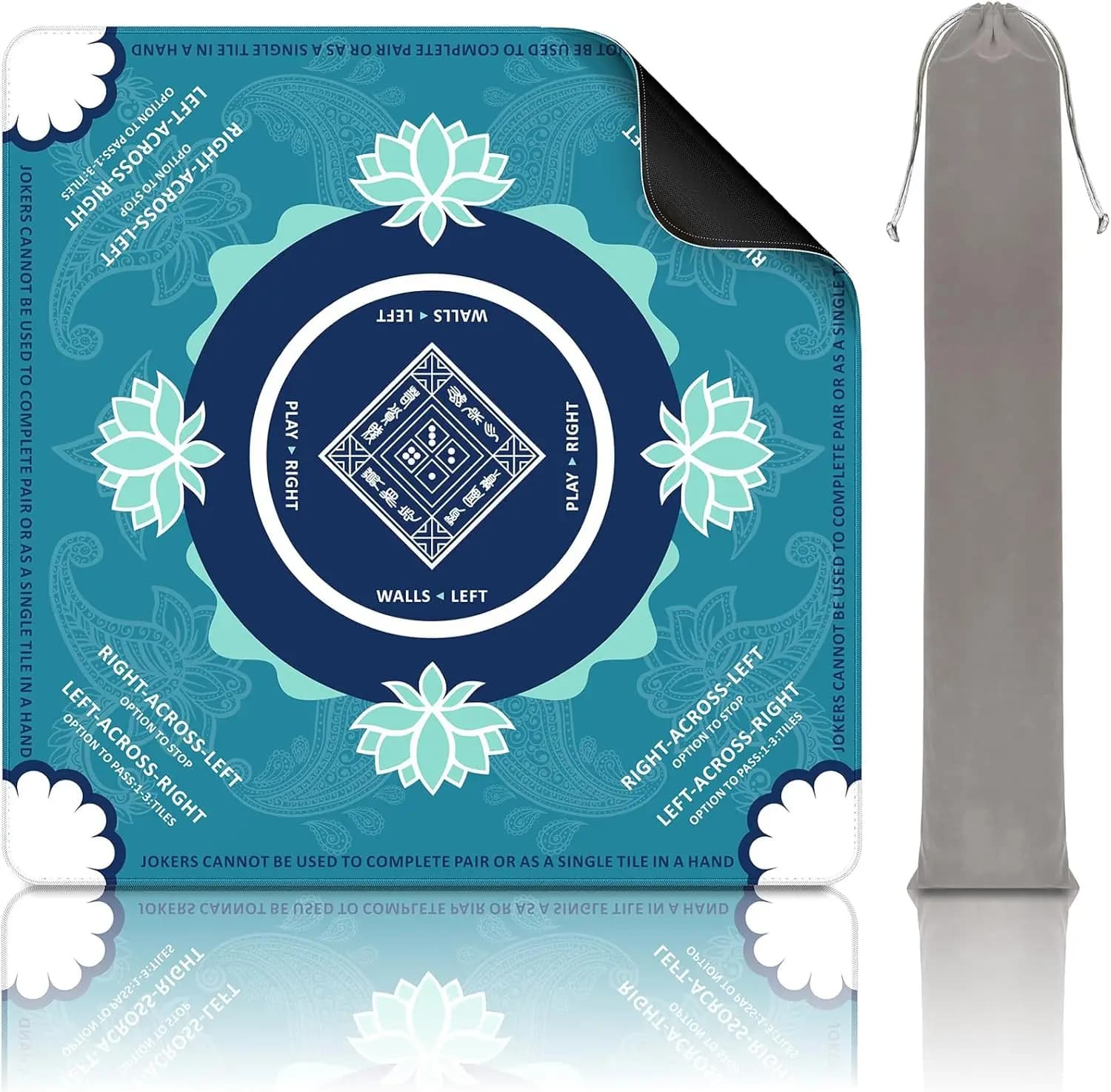 32x32 Mahjong Mat with Carrying Bag - Non-Slip Noise Reduction Gaming Mat for Poker, Board Games, Dominoes (Turquoise & Navy Blue)