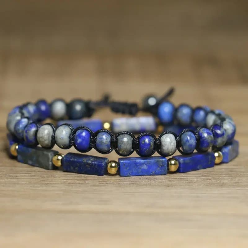 Bracciale lapislazzuli | Perline di pietra naturale rotonde e rettangolari | Annodato a mano con cordoncino nero | Accessorio minimalista Boho