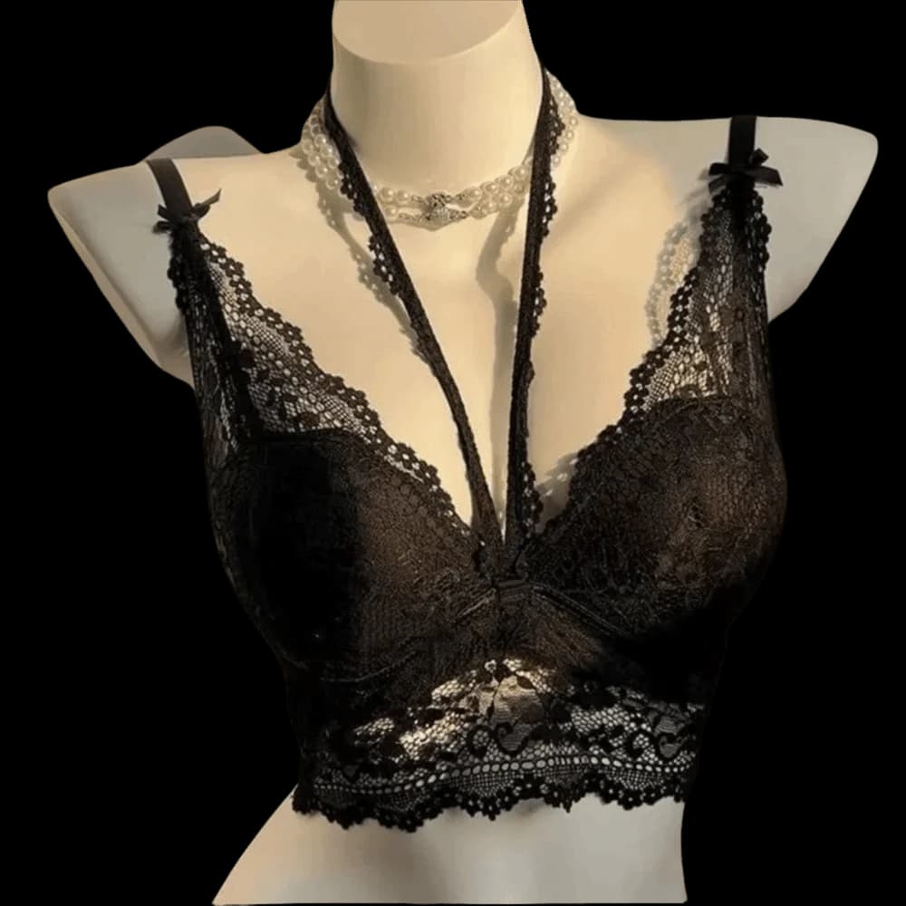 Reggiseno in pizzo da donna, stile francese, senza ferretto, scollo a V profondo, modello a gilet, con laccetto al collo, per seno piccolo
