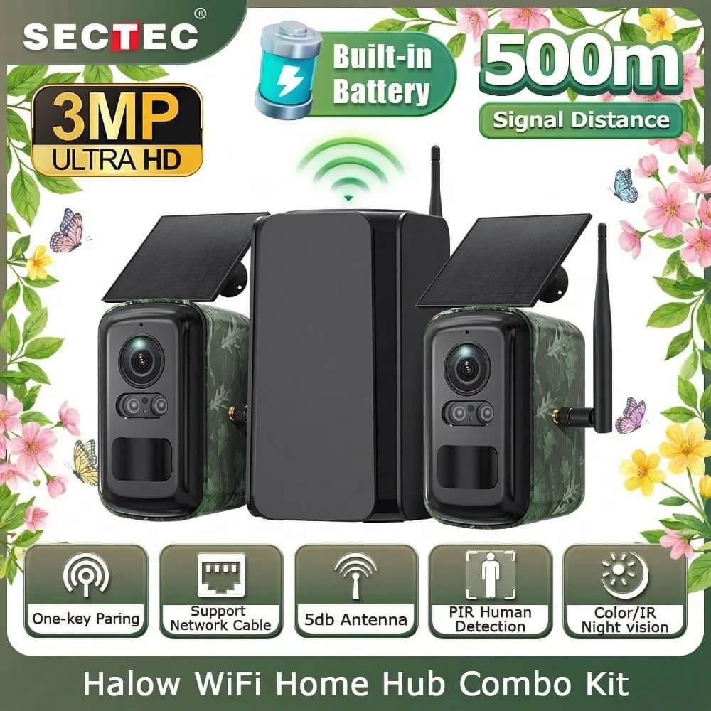 Telecamera di Sicurezza Solare Wireless SECTEC HomeBase 2 Camouflage per Esterni, Sistema di Sicurezza Domestica WiFi 500M, 2K HD, Senza Canone Mensile