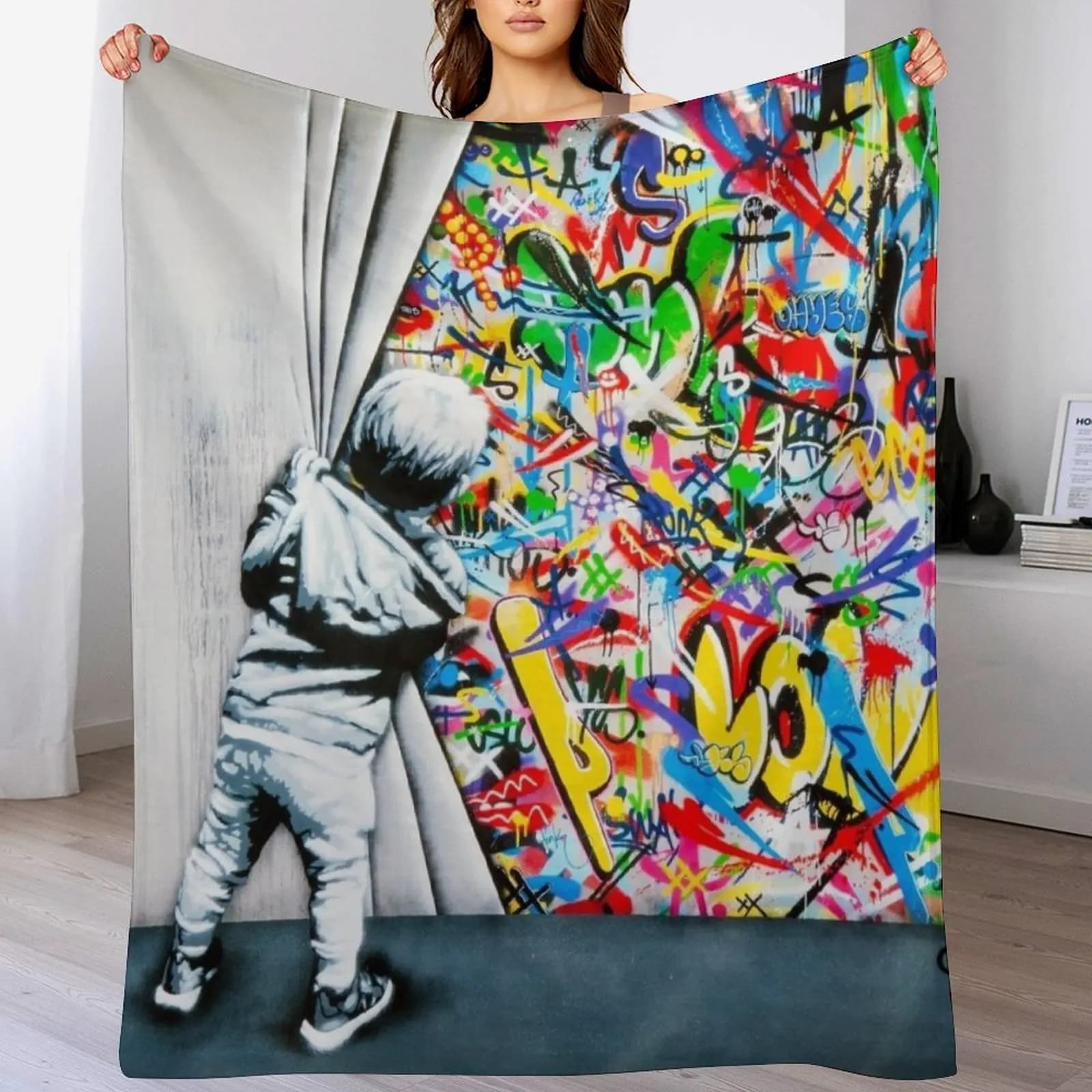 Ragazzo Dietro la Tenda - Graffiti Colorati Pop Art - Coperta con motivo Banksy Street Art, coperte e copriletti