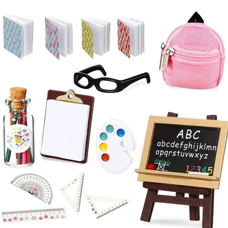 Mini forniture scolastiche per bambole simulazione per casa delle bambole tappetino da taglio righello zainetto libri penna a matita supporto per lavagna oggetti di scena per l'apprendimento