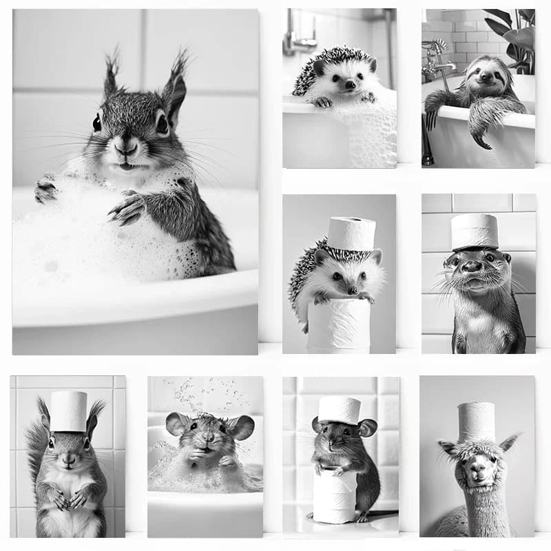 Black and White Cute Animal and Toilet Paper Poster cat hedgehog sloth Diamond Painting Wall Art Bathroom Living Room Home Dec