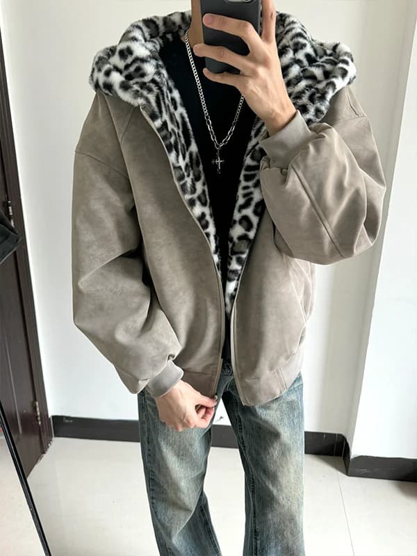 Giacca in Pelle PU Stile Americano, Reversibile, Foderata in Pile, Imbottita, Cappotto Invernale da Uomo con Stampa Leopardata e Cappuccio