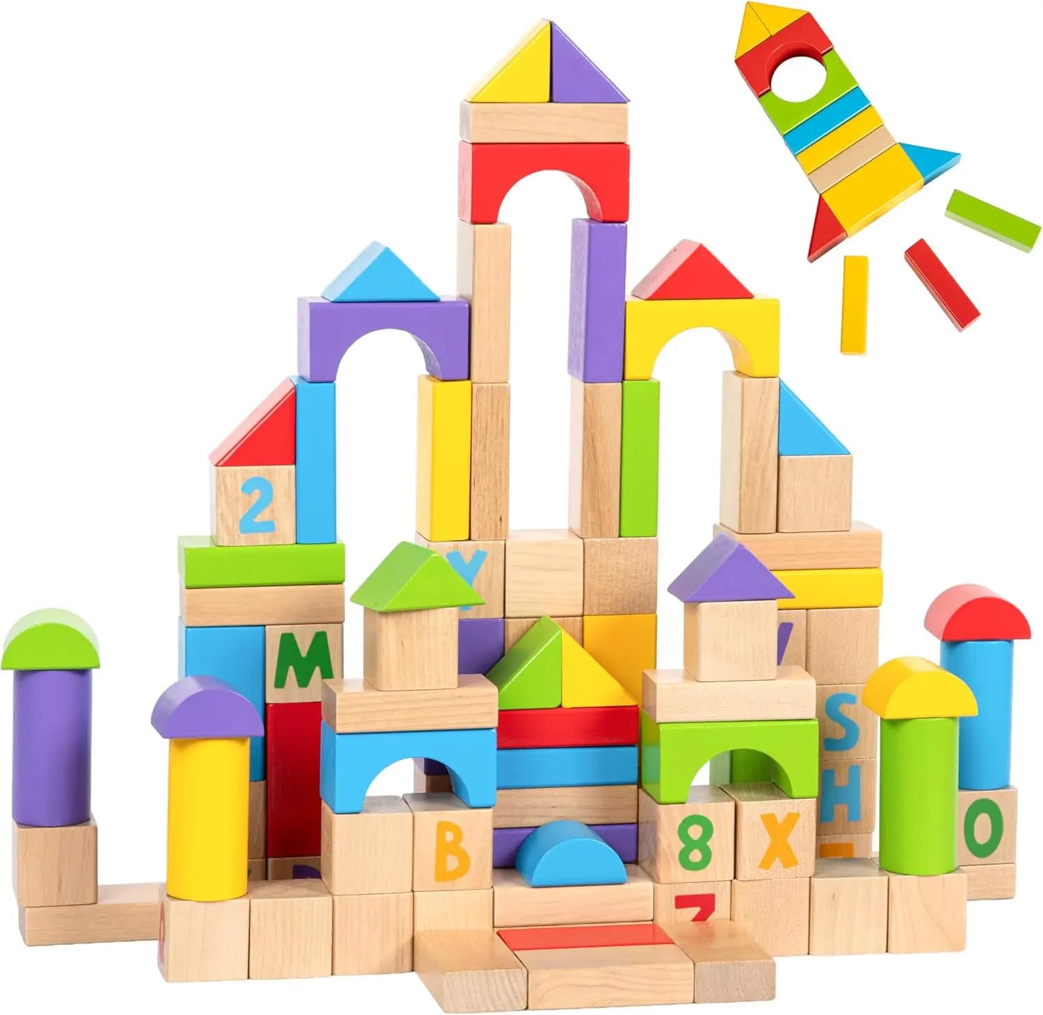 Set di 100 Blocchi di Costruzione in Legno con Alfabeto, Numeri e Forme - Gioco Educativo per Bambini dai 18+ Mesi