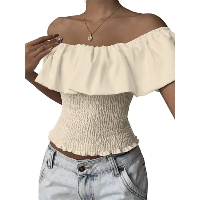 CYL-Women's Off The Shoulder Blouse Ruffle Short Sleeve Smocked Going Out Crop Tops