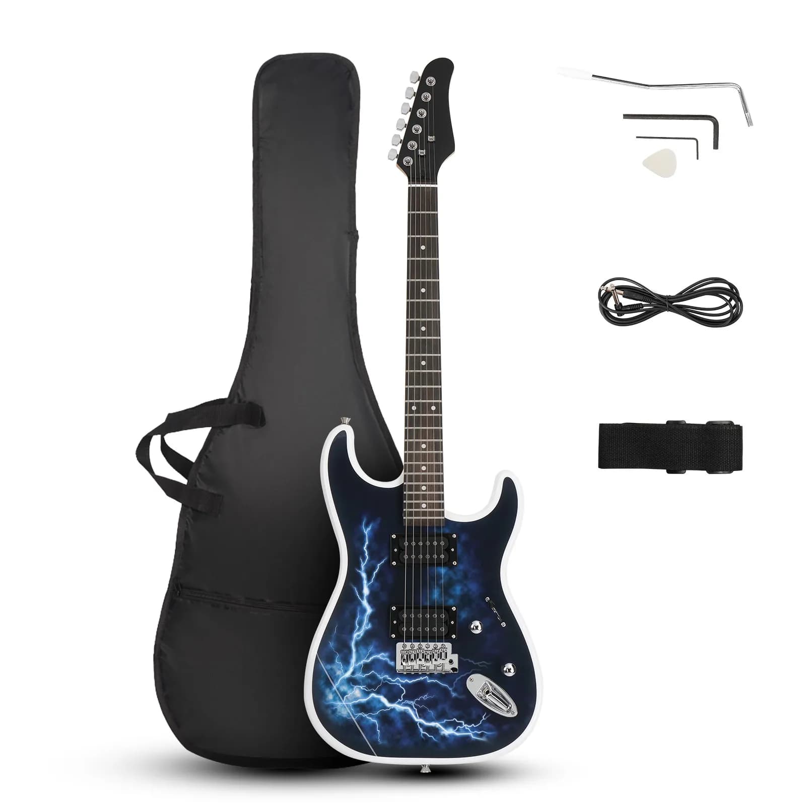 Chitarra Elettrica Bianca Stile Maple Lightning + Tracolla + Cavo + Borsa da Trasporto + Plettri
