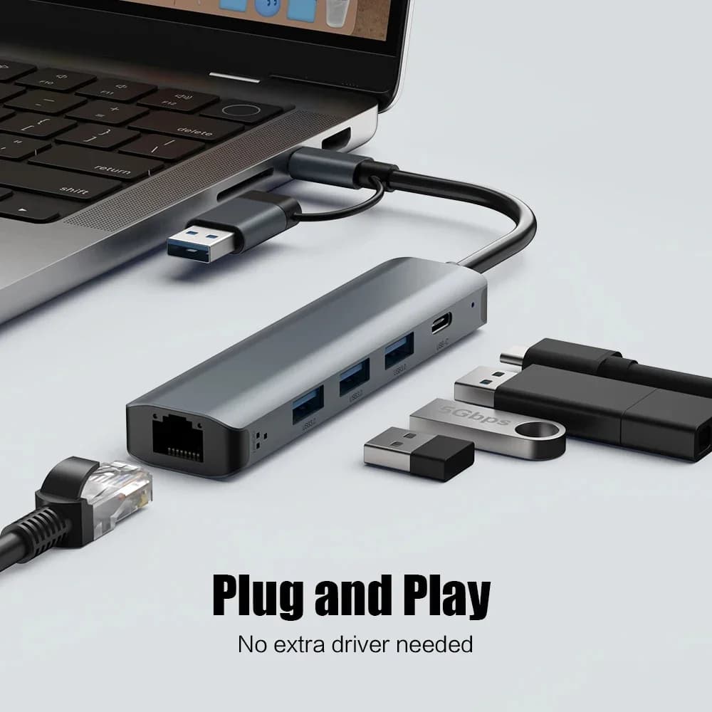 Adattatore multiporta di tipo C con Ethernet RJ45, hub USB 3.0 da 5 Gbps, docking station compatibile con HDMI 4K per PC e MacBook