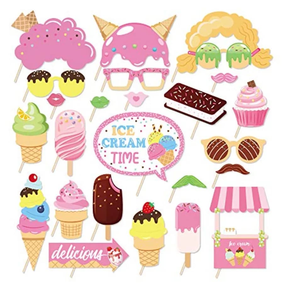 25Pcs Ice Cream Photo Booth Props with Stick, Ice Cream Shop Theme Selfie Props, Summer Birthday Party Supplies, Photography Ba