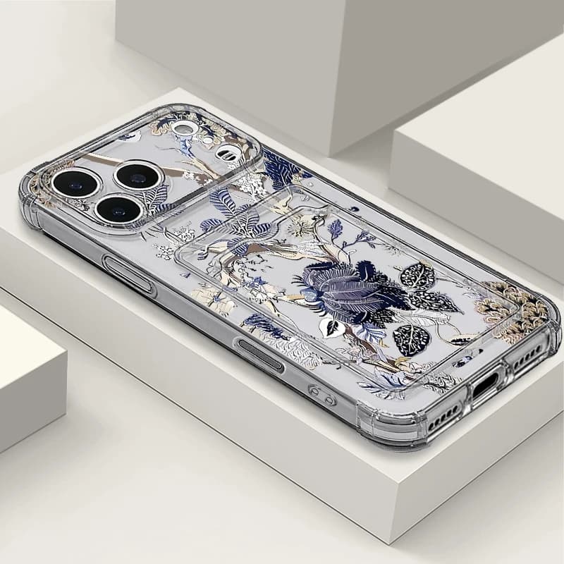 TPU phone case with dry branches pattern for iPhone 17 16 Pro 15 14 13 Pro Max 11, shockproof, soft silicone, with card slot and back pocket