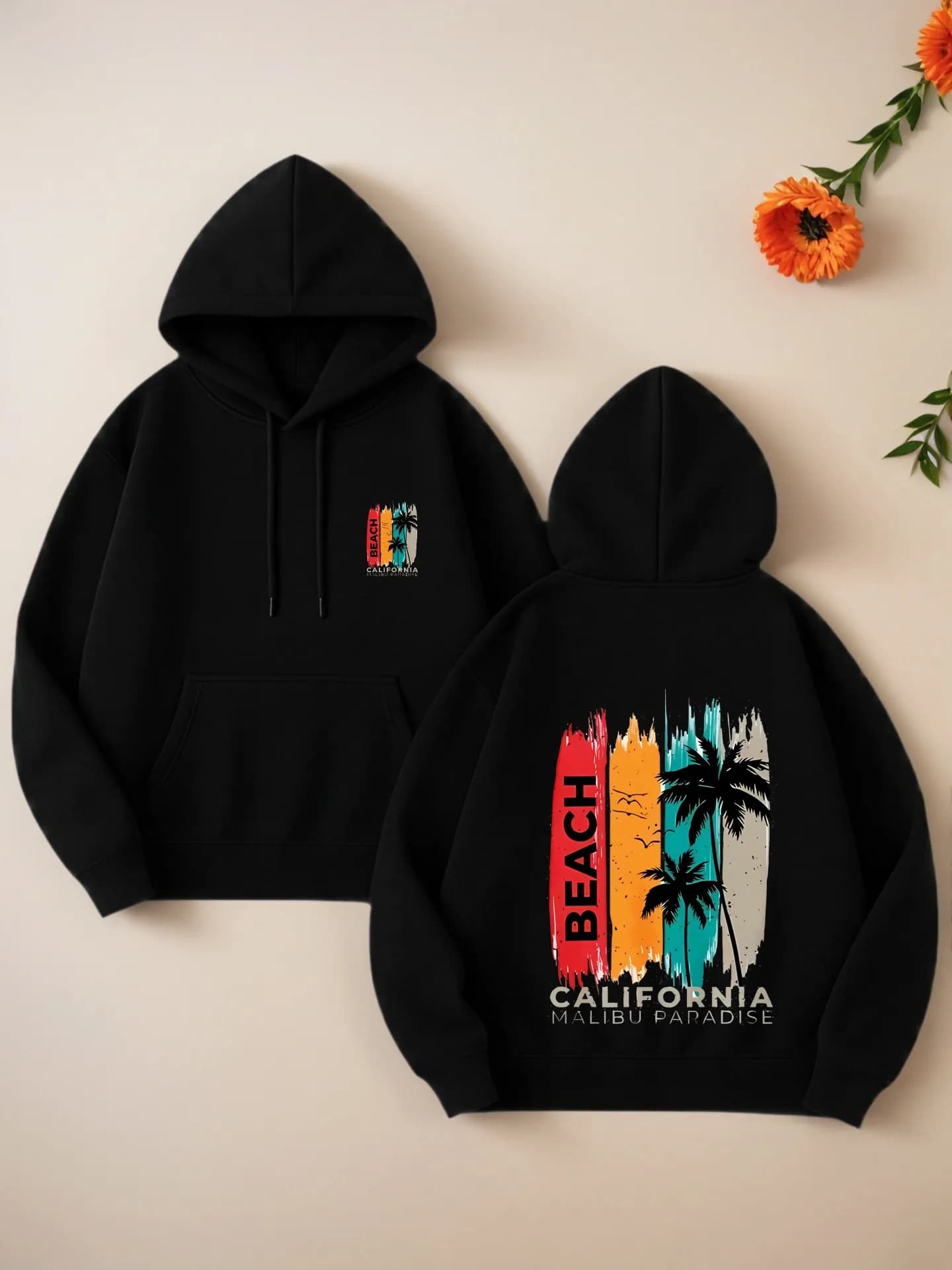 Felpa con cappuccio grafica da donna, spiaggia - stampa palme, design estetico casual, tessuto morbido, abito da vacanza, per giovani uomini
