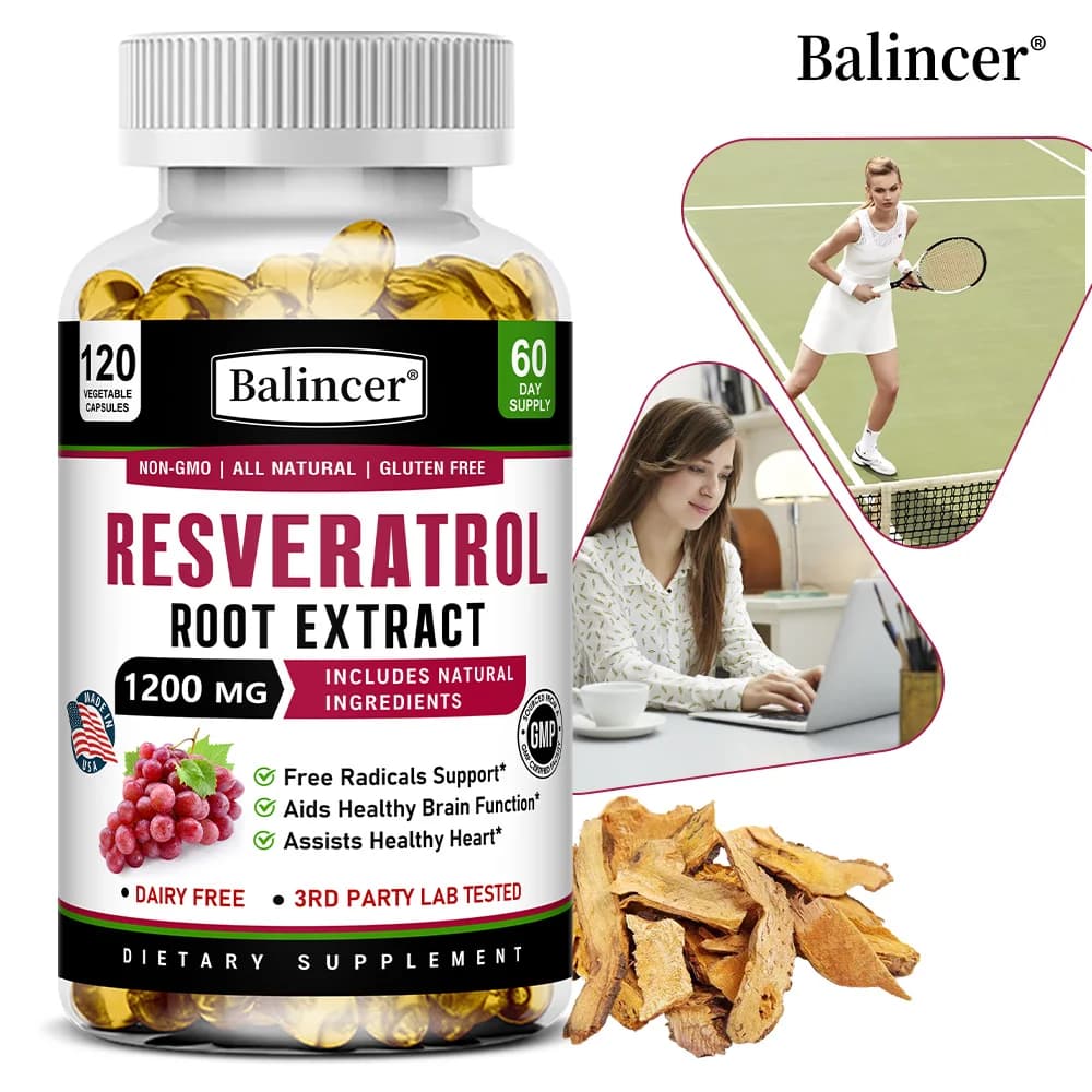 Estratto di Radice di Resveratrolo 1200mg in Capsule - Antiossidante, Salute del Cervello, del Cuore e del Sistema Circolatorio, Supporto per l'Illuminamento della Pelle, Anti-Invecchiamento