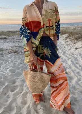 Casual boho printed set of 2 pieces twisted loose long sleeve shirt with buttons waist high wide leg pants dress spring new style holiday